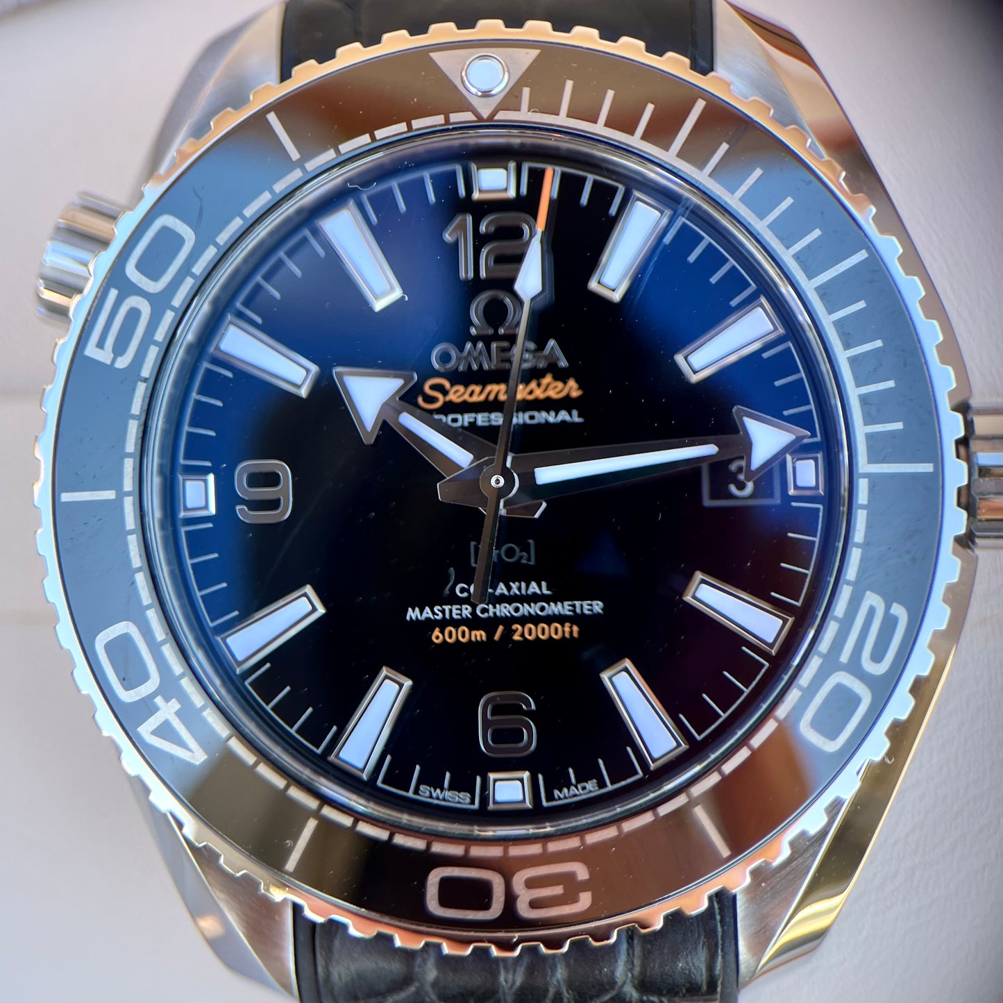 SOLD Omega Seamaster Planet Ocean 2021 Black Dial Leather Strap