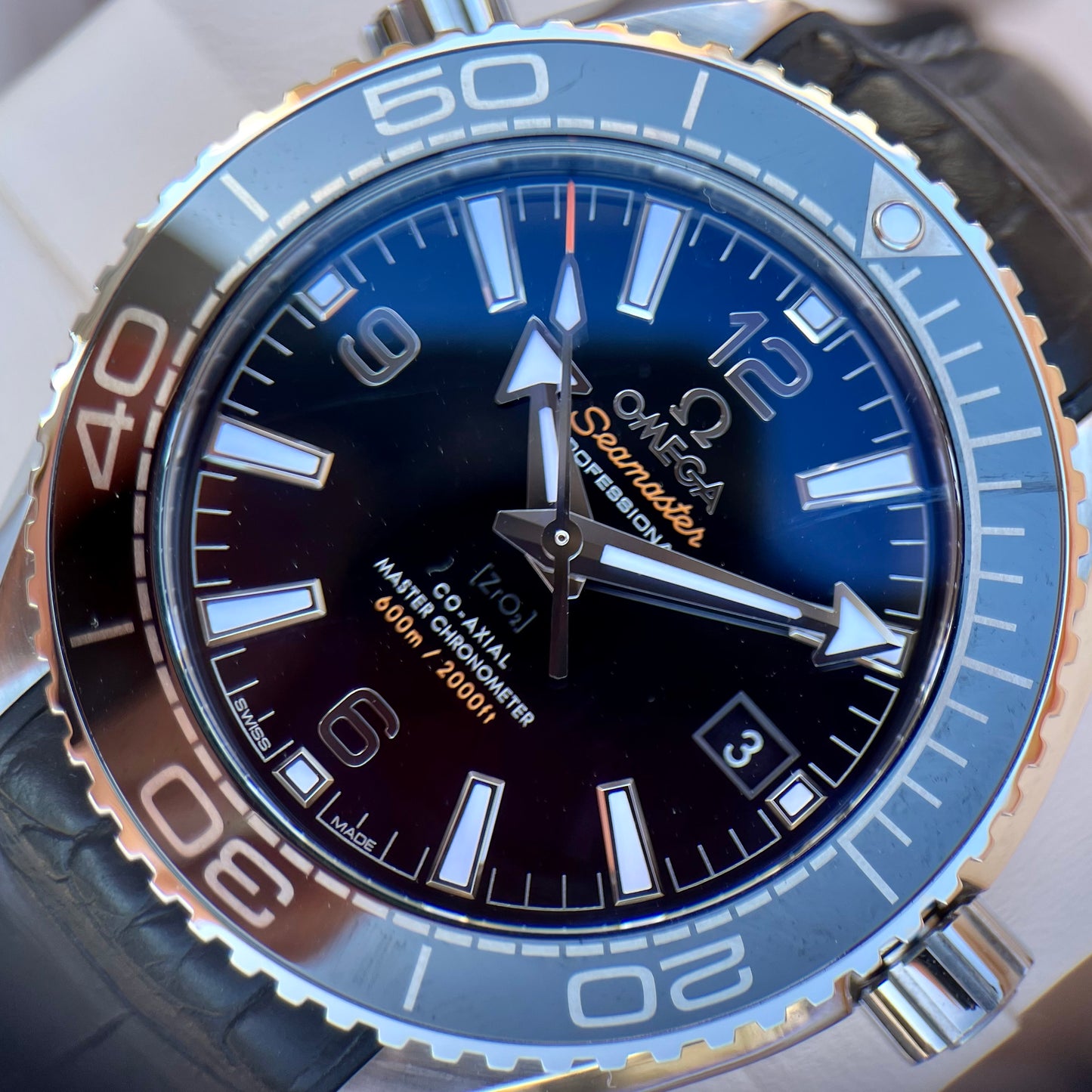 SOLD Omega Seamaster Planet Ocean 2021 Black Dial Leather Strap