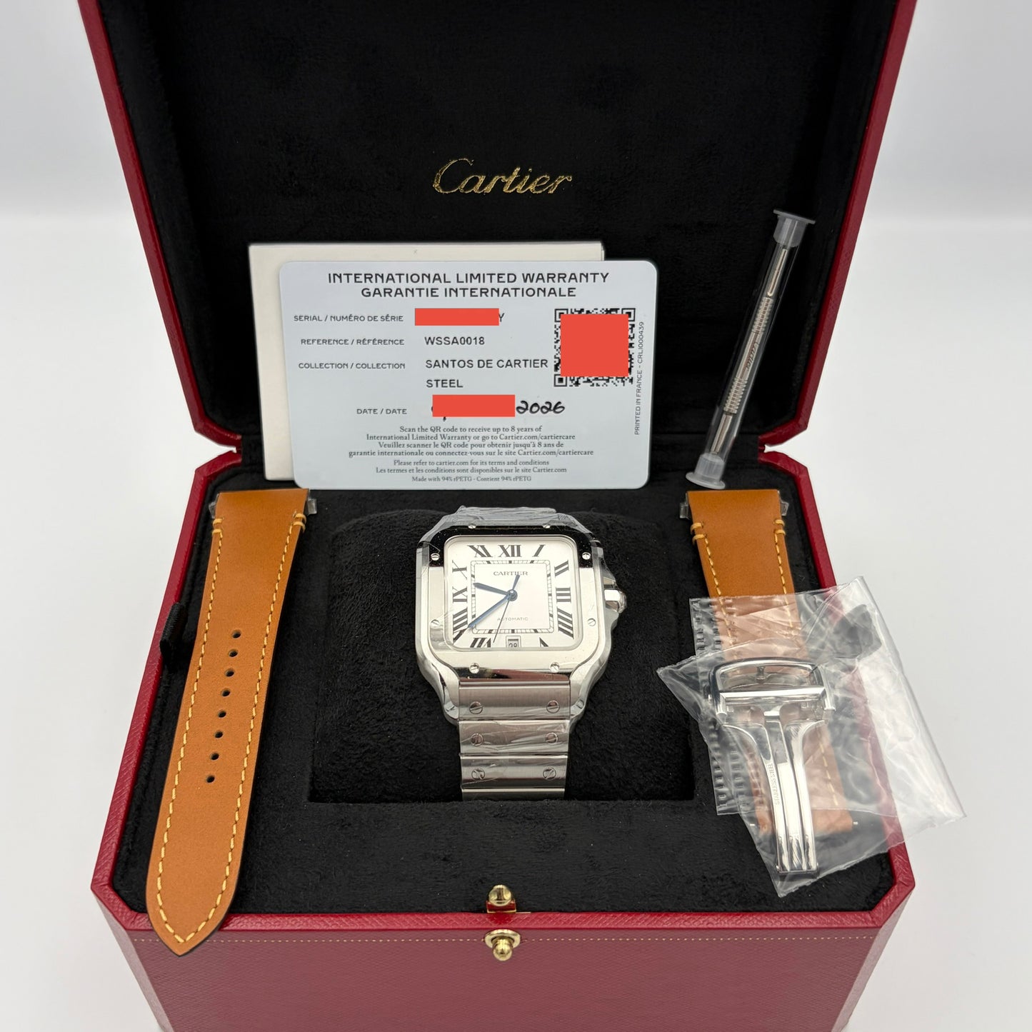 SOLD / ON REQUEST Cartier Santos de Cartier Large WSSA0018 Brand New 2026 Full Set Stickered Extra Leather Strap + Tool Extended Warranty
