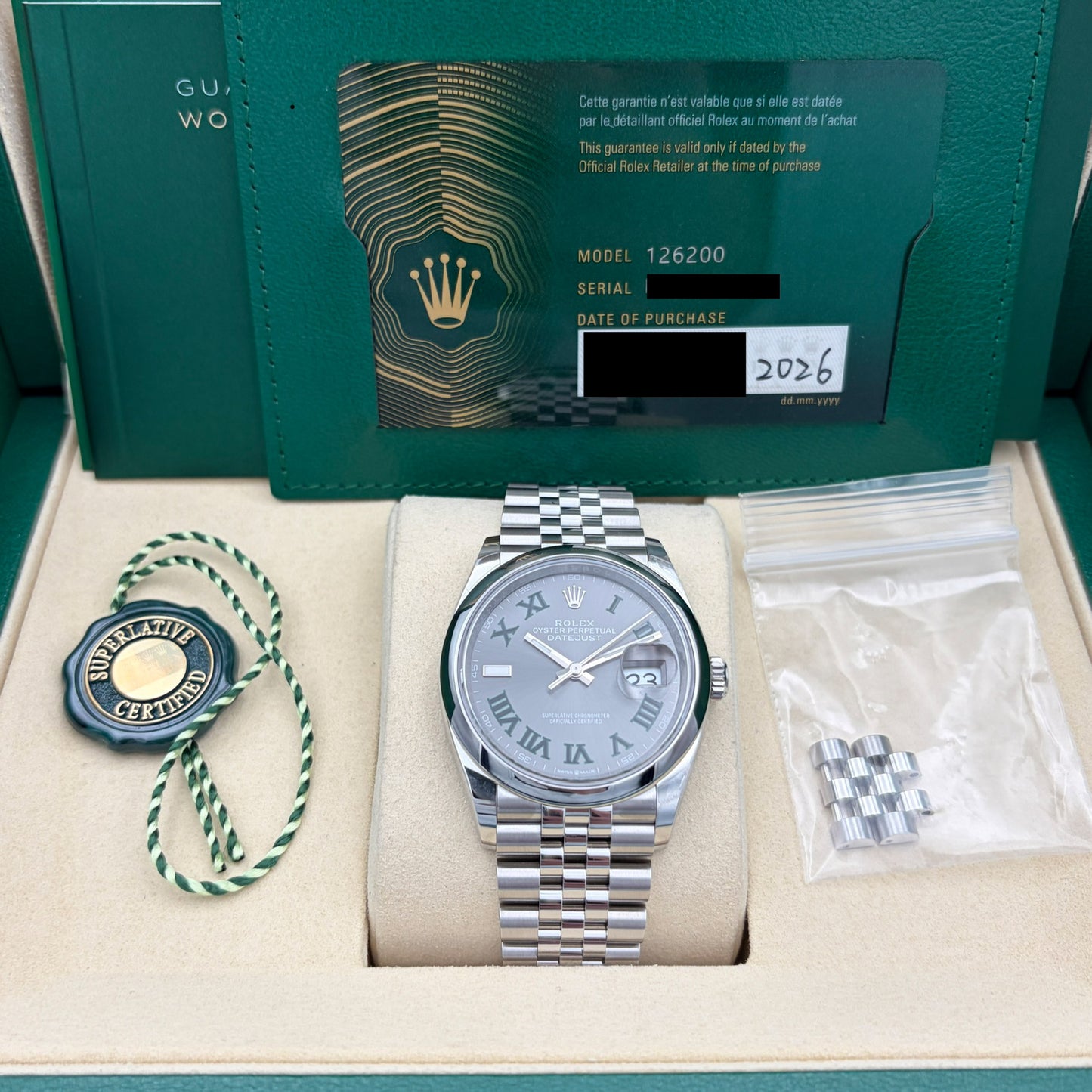 SOLD / ON REQUEST Rolex Datejust 36mm 126200 Wimbledon Slate Gray Roman Dial Jubilee Bracelet Year 2026 Box & Papers