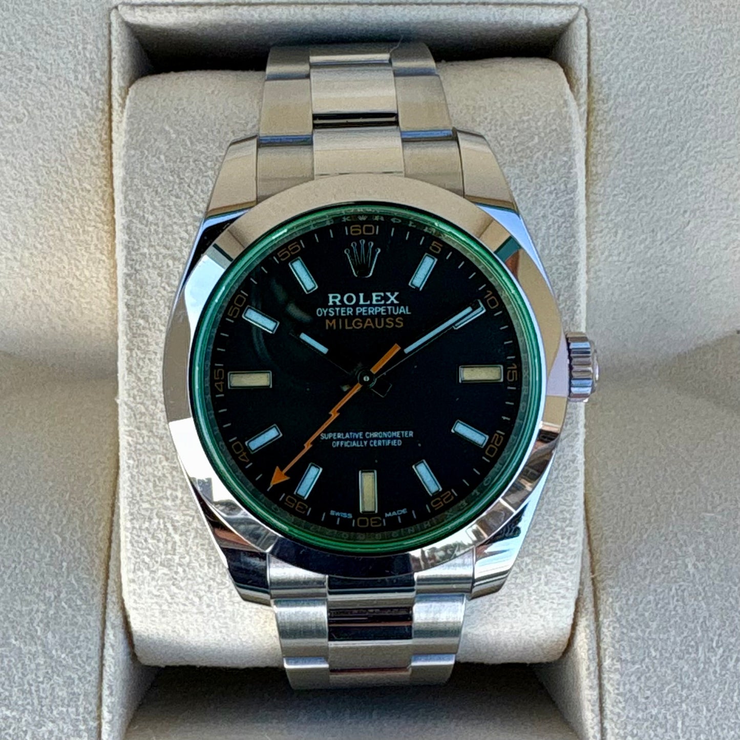 SOLD / ON REQUEST Rolex Milgauss Black Dial Green Crystal 116400GV Year 2020