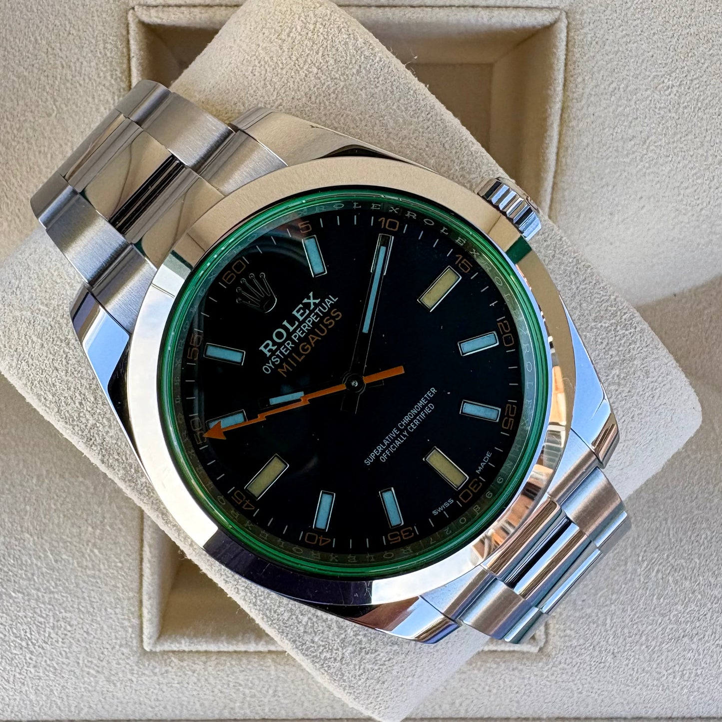 SOLD / ON REQUEST Rolex Milgauss Black Dial Green Crystal 116400GV Year 2020