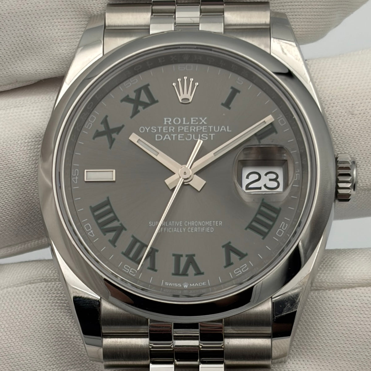 SOLD / ON REQUEST Rolex Datejust 36mm 126200 Wimbledon Slate Gray Roman Dial Jubilee Bracelet Year 2026 Box & Papers