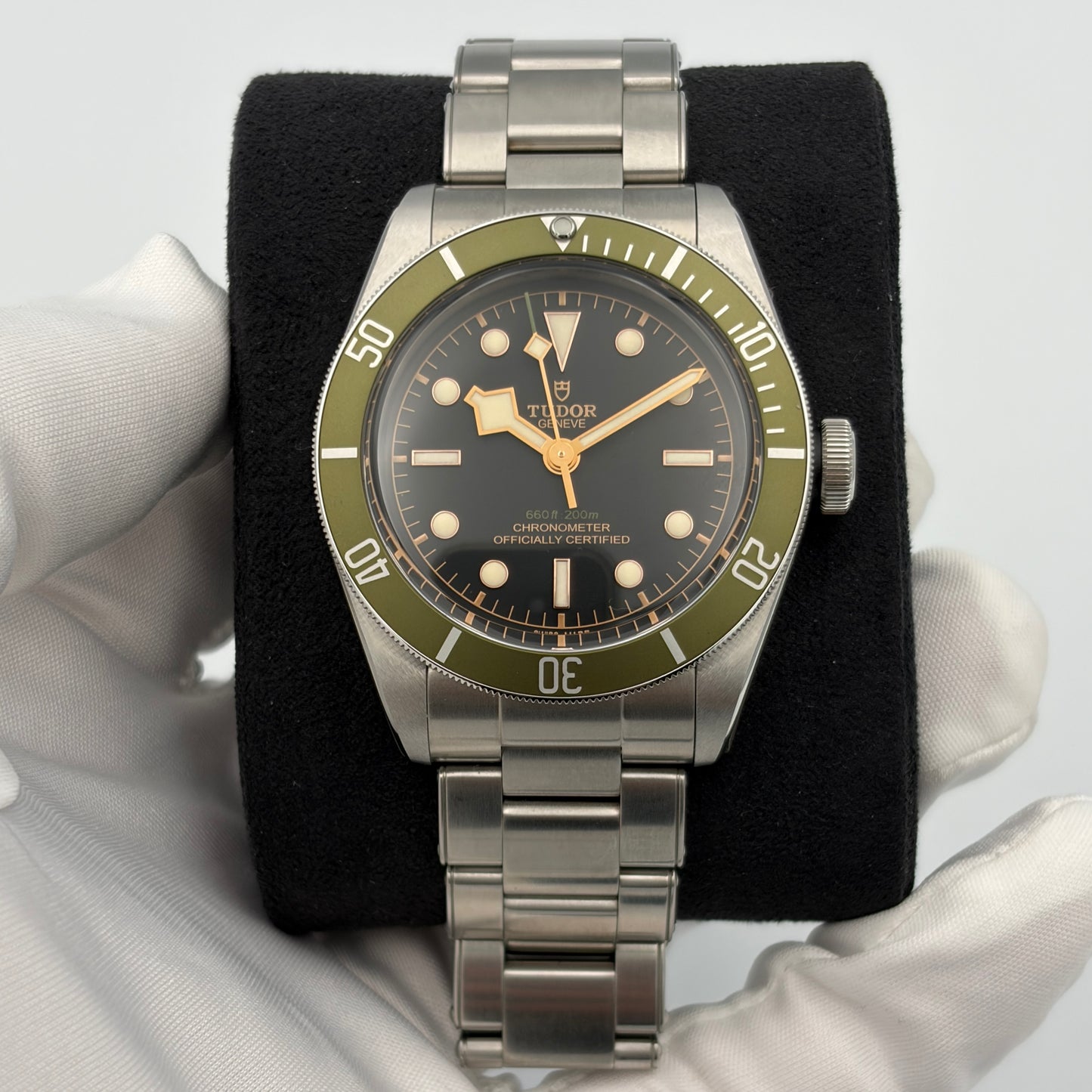 SOLD / ON REQUEST Tudor Black Bay Harrods Green Dial Special Edition 79230G Year 2019 Full Set with Extra Nylon Strap