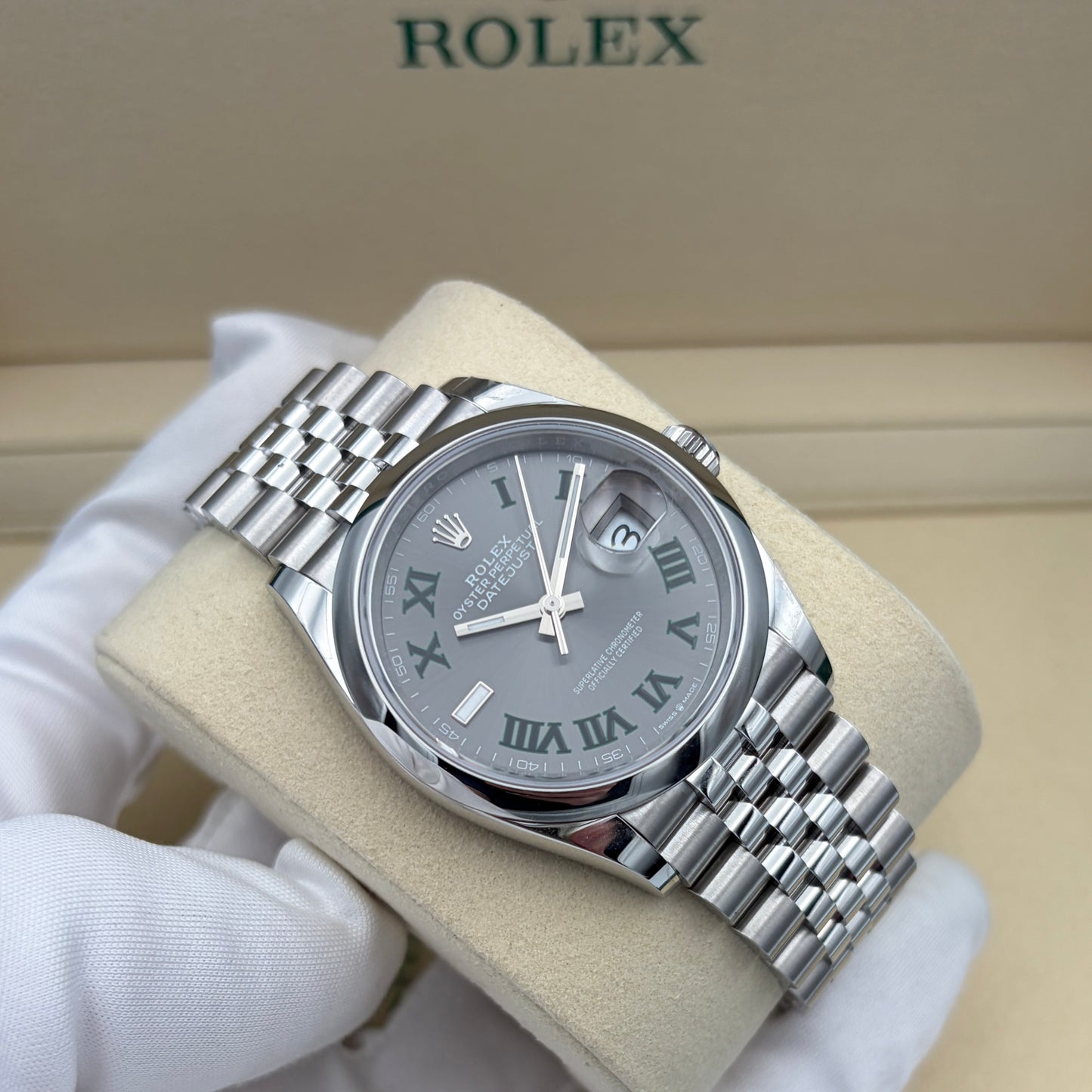 SOLD / ON REQUEST Rolex Datejust 36mm 126200 Wimbledon Slate Gray Roman Dial Jubilee Bracelet Year 2026 Box & Papers