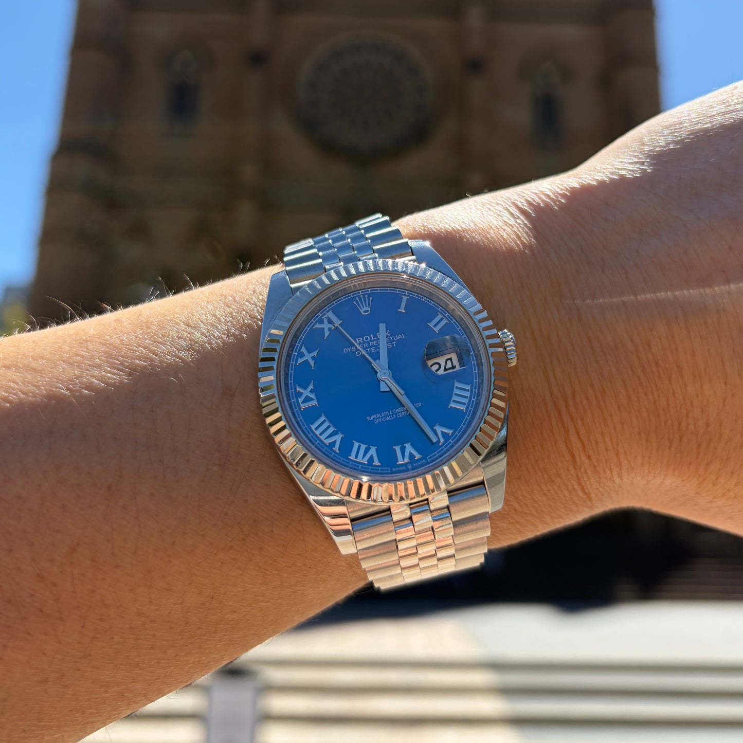 Rolex Datejust 41 Azzurro Blue Dial Roman Numeral Jubilee Bracelet