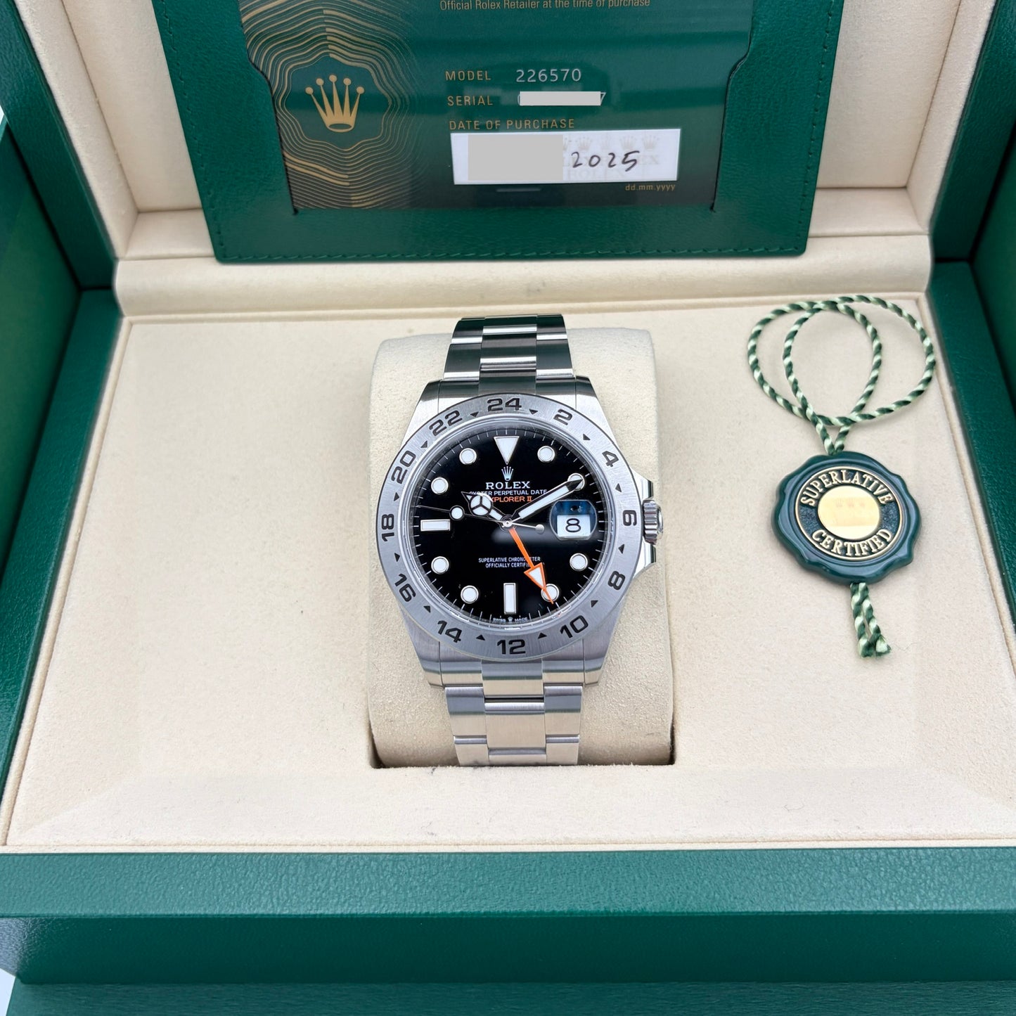 Rolex Explorer II 226570 Black Dial Year 2025 Box & Papers Green Tag