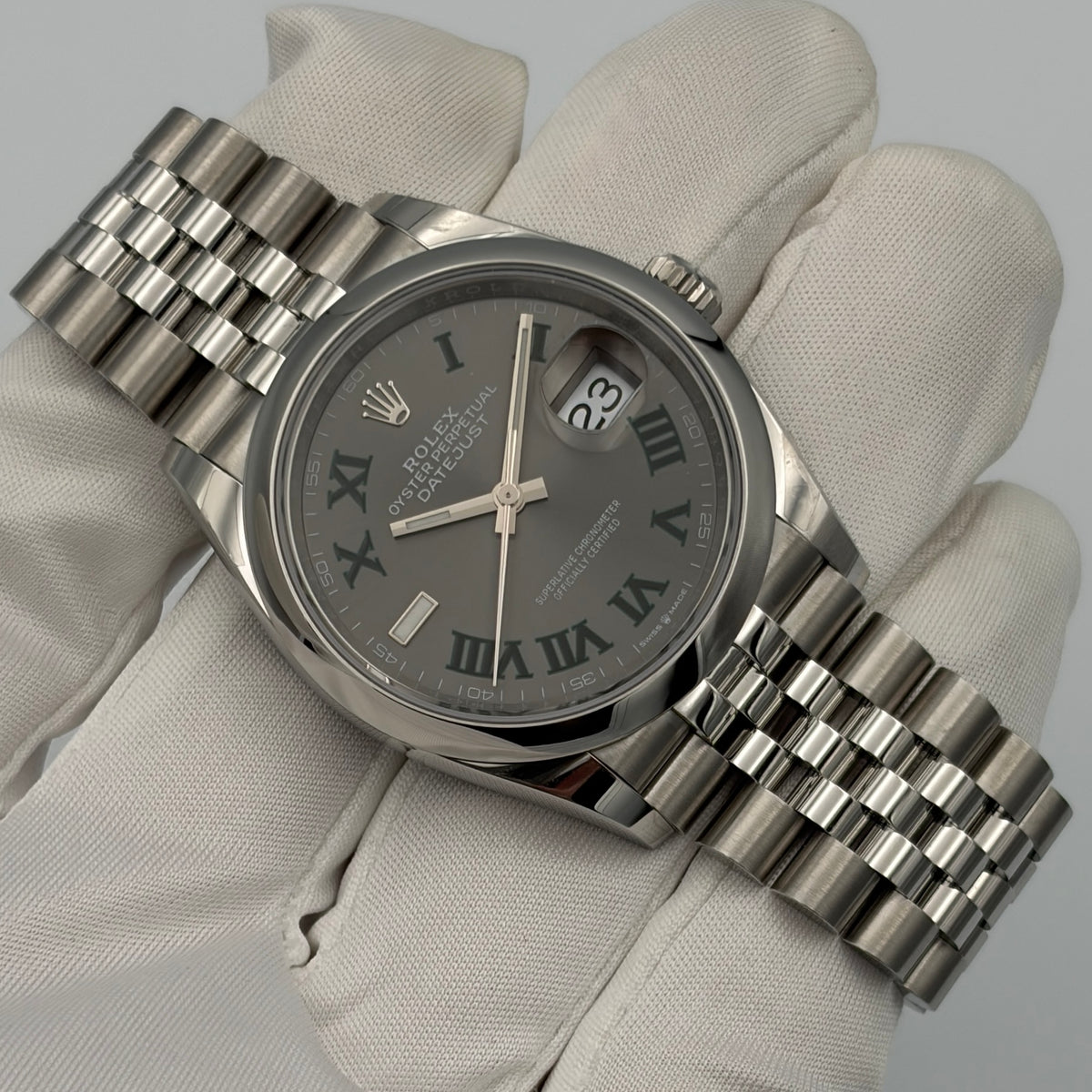 SOLD / ON REQUEST Rolex Datejust 36mm 126200 Wimbledon Slate Gray Roman Dial Jubilee Bracelet Year 2026 Box & Papers