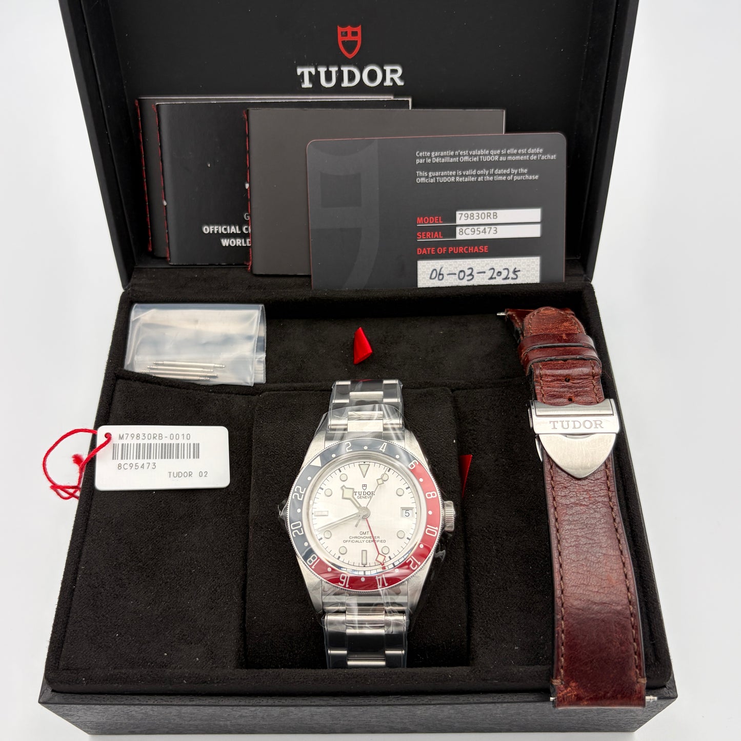 SOLD / ON REQUEST Tudor Black Bay GMT Opaline White Dial M79830RB-0010 Year 2025 Full Set Extra Leather Strap Mint As New Stickered Condition