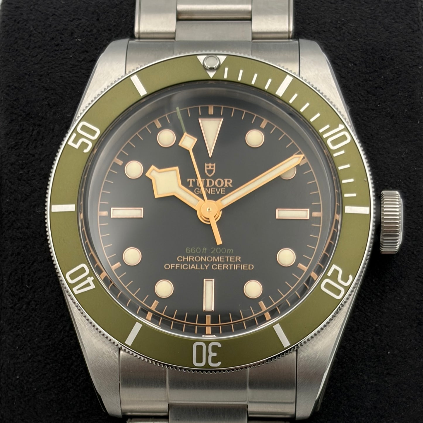 SOLD / ON REQUEST Tudor Black Bay Harrods Green Dial Special Edition 79230G Year 2019 Full Set with Extra Nylon Strap