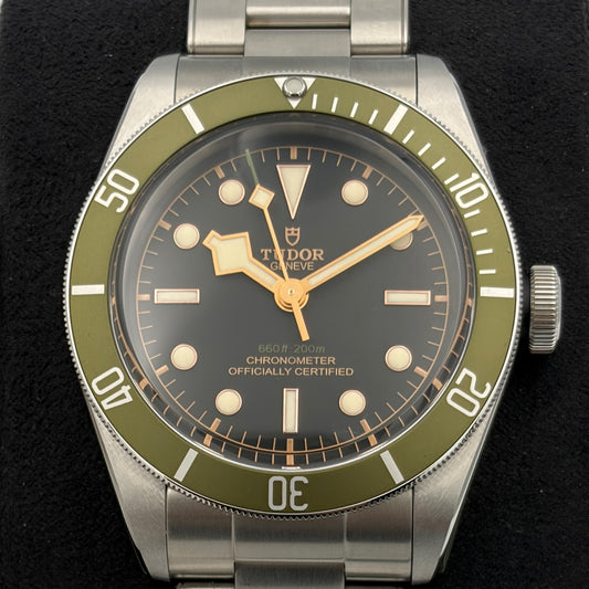 SOLD / ON REQUEST Tudor Black Bay Harrods Green Dial Special Edition 79230G Year 2019 Full Set with Extra Nylon Strap