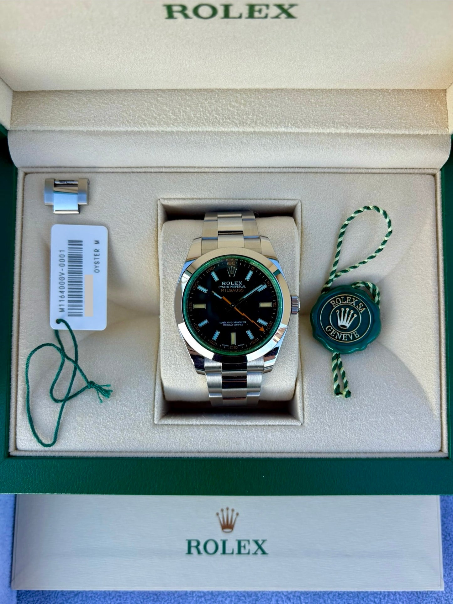 SOLD / ON REQUEST Rolex Milgauss Black Dial Green Crystal 116400GV Year 2020