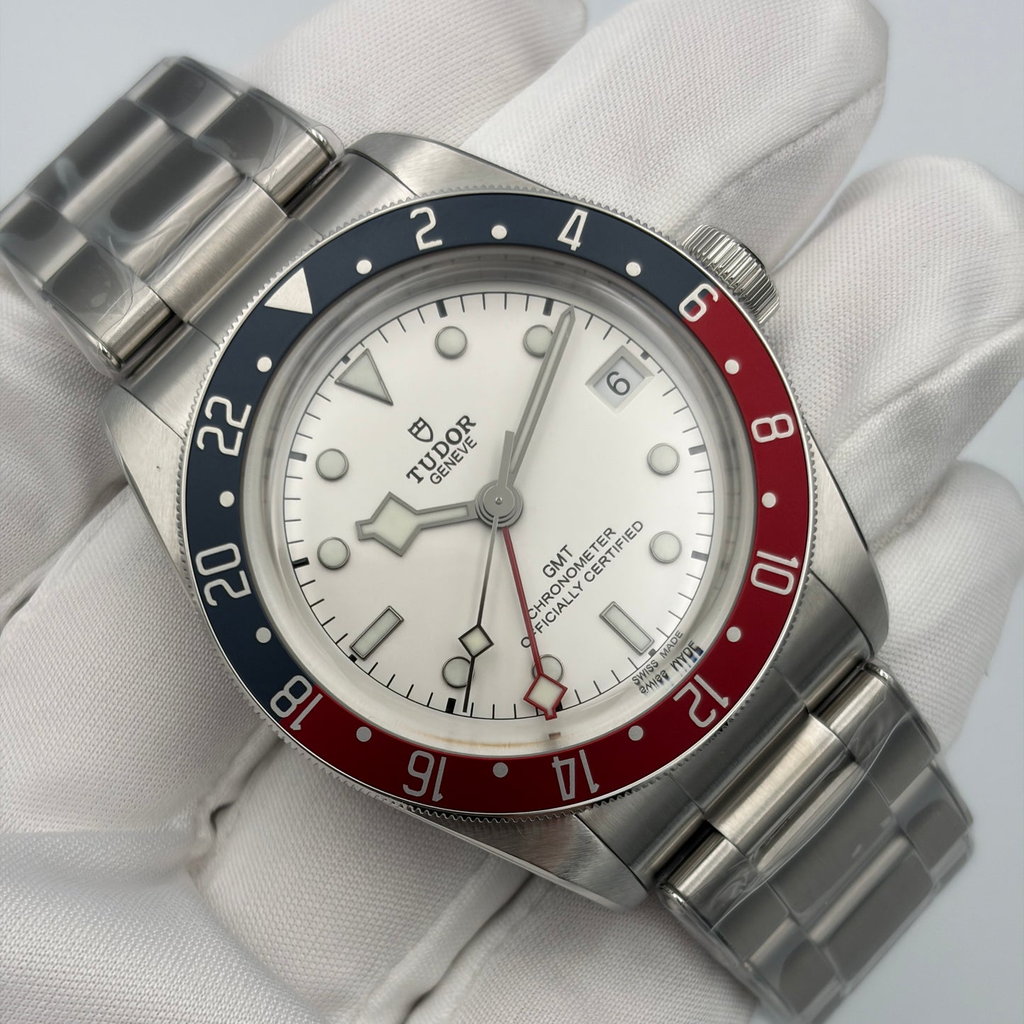 SOLD / ON REQUEST Tudor Black Bay GMT Opaline White Dial M79830RB-0010 Year 2025 Full Set Extra Leather Strap Mint As New Stickered Condition