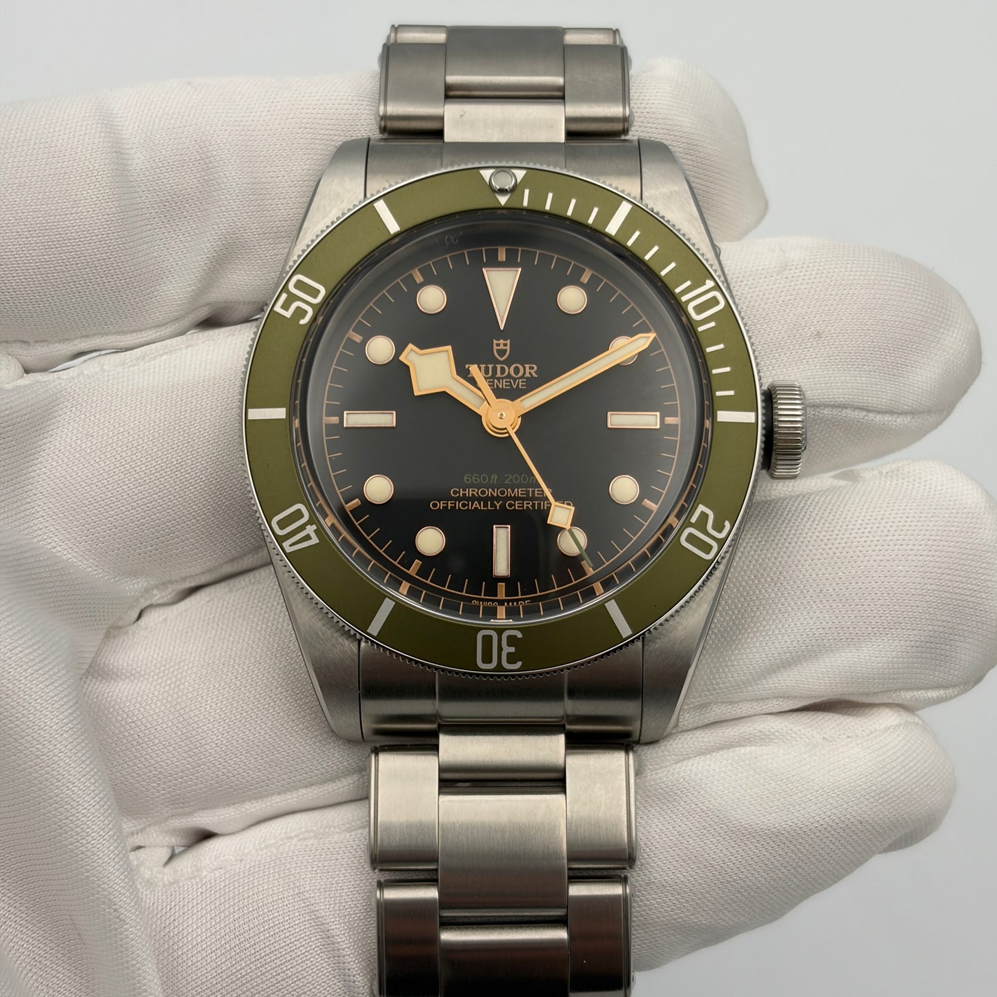 SOLD / ON REQUEST Tudor Black Bay Harrods Green Dial Special Edition 79230G Year 2019 Full Set with Extra Nylon Strap