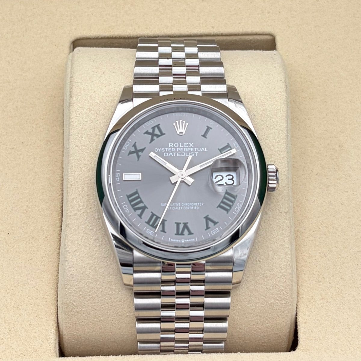 SOLD / ON REQUEST Rolex Datejust 36mm 126200 Wimbledon Slate Gray Roman Dial Jubilee Bracelet Year 2026 Box & Papers