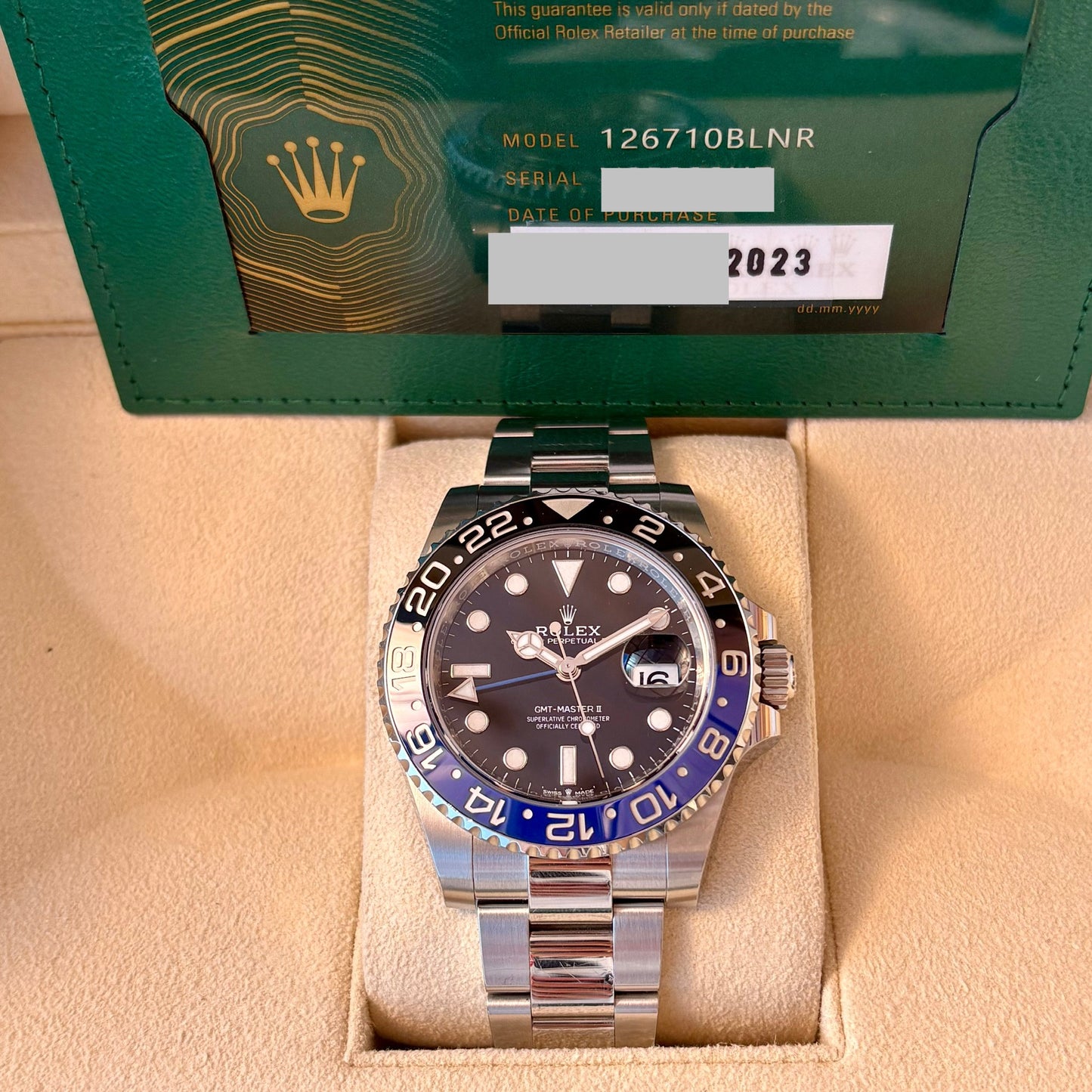 SOLD / ON REQUEST Rolex Batman GMT-Master II 126710BLNR Year 2023 Full Set Box & Papers