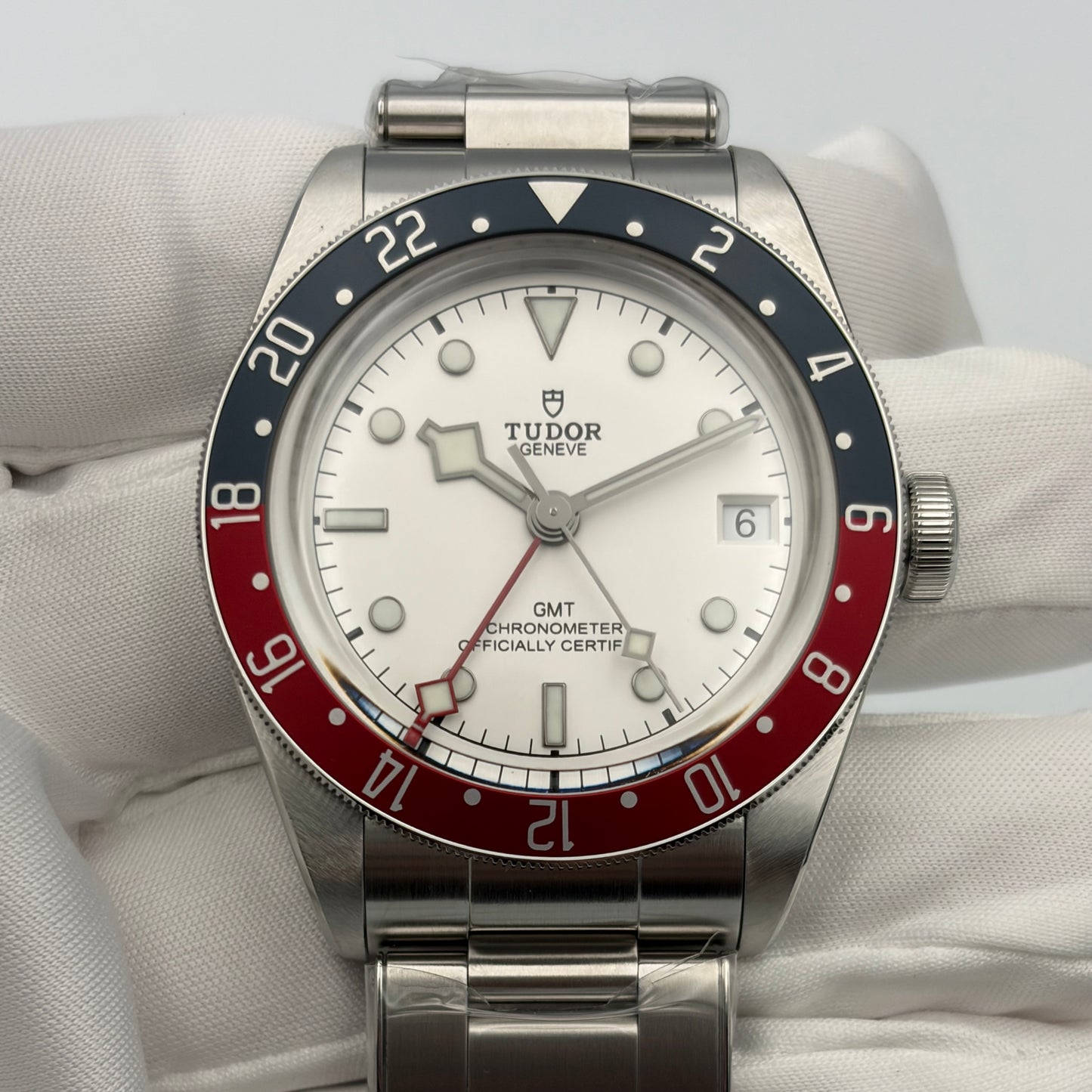 SOLD / ON REQUEST Tudor Black Bay GMT Opaline White Dial M79830RB-0010 Year 2025 Full Set Extra Leather Strap Mint As New Stickered Condition