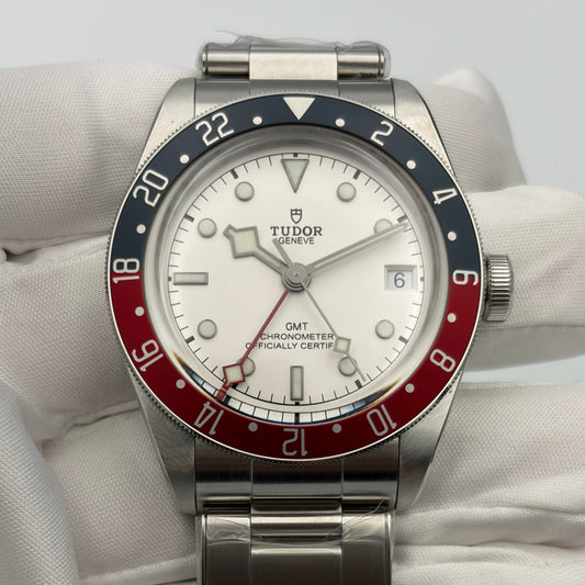 SOLD / ON REQUEST Tudor Black Bay GMT Opaline White Dial M79830RB-0010 Year 2025 Full Set Extra Leather Strap Mint As New Stickered Condition