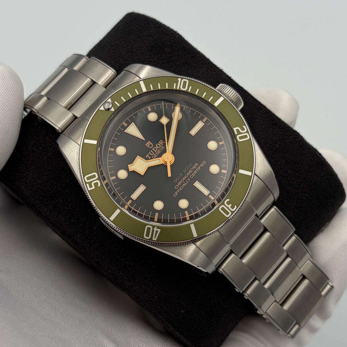 SOLD / ON REQUEST Tudor Black Bay Harrods Green Dial Special Edition 79230G Year 2019 Full Set with Extra Nylon Strap