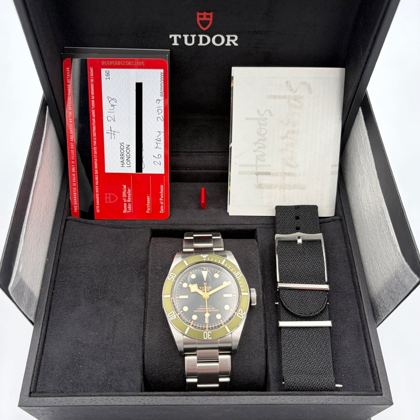 SOLD / ON REQUEST Tudor Black Bay Harrods Green Dial Special Edition 79230G Year 2019 Full Set with Extra Nylon Strap